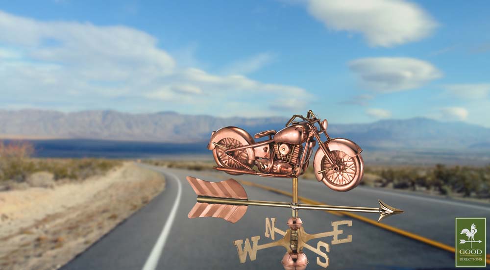 Motorcycle with Arrow Cottage Weathervane - Pure Copper w/Roof Mount